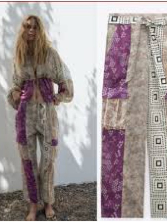 Zara Pants - Zara Patchwork Straight-Leg Pants in Purple and Beige